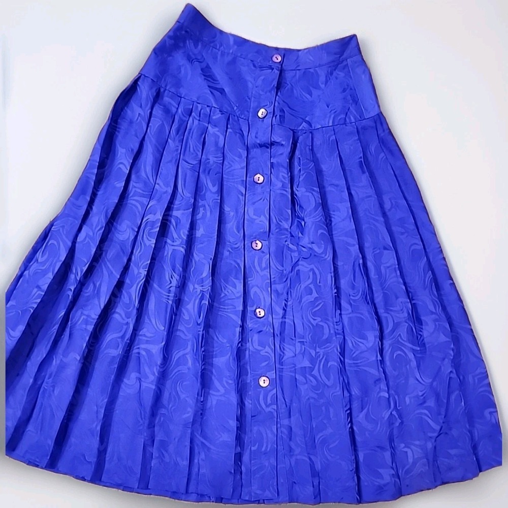 Argenti 80s 90s 100% Silk Royal Blue Pleated Old Money Skirt Size 6 Button Front